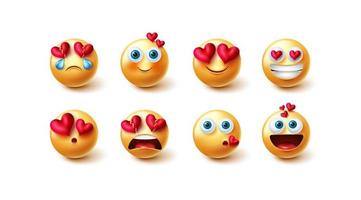 emoji Valentijnsdag vector set. emoji-personages in 3D verliefde, blozende en gelukkige emoties en reactie met hartenelement voor schattige liefdesgezichten grafisch ontwerp en elementen. vectorillustratie.