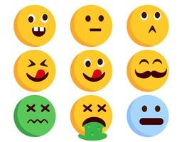 emoticon vector tekenset. emoticons platte karakters in gekke, zieke, braaksel en rare gezichtsuitdrukkingen voor grappig emoji-collectieontwerp. vectorillustratie.