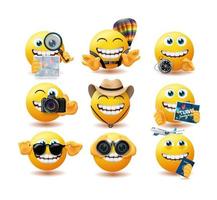 emoji reizen emoticons vector set. emoji's reizende karakters met kaart, kompas en hoed verkennen en avontuurlijke elementen voor het ontwerp van reizigerskaraktercollecties. vector illustratie