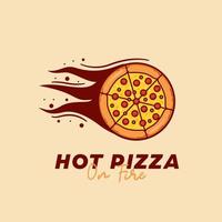 hete pizza in brand pizzeria restaurant logo met volledige ronde pizza in vlam pictogram logo afbeelding vector