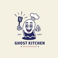 Ghost chef-kok met spatel mascotte karakter illustratie voor ghost keuken online restaurant concept logo in retro vintage cartoon stijl vector