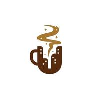 letter u koffie stad café logo, koffiemok met stad wolkenkrabber silhouet logo pictogram concept vector