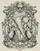 illustratie vintage olifant met gravure stijl vector