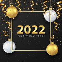 2022 gelukkig nieuwjaar wenskaart met realistische gouden en witte ballen op zwarte achtergrond vector
