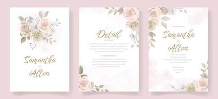 bruiloft uitnodiging sjabloon set met bloemen en bladeren decoratie vector