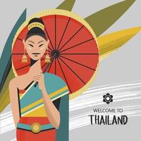thais mooi meisje in nationale thaise jurk met rode paraplu. vectorillustratie. vector