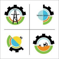 landbouw logo. set logo-sjablonen, versnelling, tractor, landschap, hoogspanningslijn van hoogspanning. vector