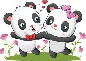 het koppel van de kawaii-panda danst samen met de vrolijke uitdrukking in het park vector