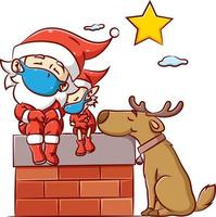 de kerstman en de elf met grote hond die de lieve hoorn gebruikt, slapen onder de heldere ster aan de hemel vector