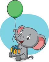 de kleine olifant houdt de ballon vast met zijn slurf en houdt het geschenk vast vector