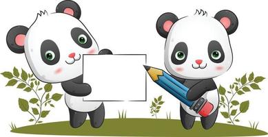 het stel slimme panda's houdt een potlood vast terwijl ze een grote lege banner in het park vasthouden vector