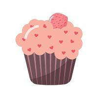 cupcake met roze glazuur, bestrooid met hartjes en aardbeien op de top. vector
