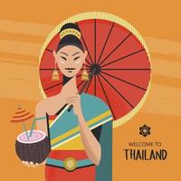 thais mooi meisje in nationale thaise jurk met kokoscocktail in de hand. vectorillustratie. vector
