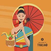 thais mooi meisje in nationale thaise jurk met ananascocktail in de hand. vectorillustratie. vector