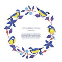 mooie vogels, bessen, bloemen en takken. vectorillustratie.