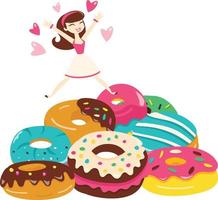 tekenfilmvrouw die op een stapel schattige donuts springt vector
