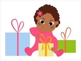 klein meisje opent een cadeau happy baby vat verrassing afro-amerikaanse happy baby verjaardag vakantie meisje in roze vector