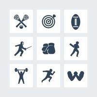 sport pictogrammen geïsoleerd op wit, boogschieten, boksen, lacrosse, cricket, sprint hardlopen, arm worstelen, schermen, voetbal, vectorillustratie vector