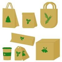 set verpakkingen voor eten of winkelen in eco-stijl voor kerstmis, bruin papier of karton in het ontwerp van pakketten, tassen, tags, dozen en een glas drank, groene silhouetten van vakantiesymbolen vector