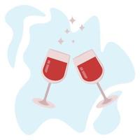 twee glazen wijn, een rode drank in glazen op poten, een feestelijke toast of een date, containers met een drankje op de achtergrond van een abstracte lichtblauwe vlek vector