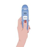 thermometer in de hand. medische thermometer die de lichaamstemperatuur meet. illustratie voor afdrukken, achtergronden, omslagen, verpakkingen, wenskaarten, seizoensontwerp. geïsoleerd op een witte achtergrond. vector