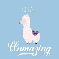 schattige cartoon alpaca en handgetekende letters die je geweldig vindt. grappig karakter pluizige alpaca. motiverende of inspirerende citaat typografie poster. vectorsjabloon voor mokken, t-shirts, hoesjes, kaarten. vector