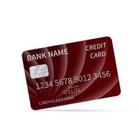 realistische rode creditcard geïsoleerd op wit. gedetailleerde plastic kaart met symbolen in reliëf in zilver. virtueel geld en online betaling over de hele wereld concept. vector