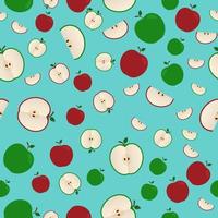 appels naadloze vector patroon. rode en groene appel platte stijl geheel en gesneden op blauwe achtergrond. natuurlijk biologisch voedsel en oogstconcept.