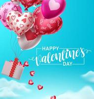 happy Valentijnsdag ballonnen met vallende harten vector design. Valentijnsdag begroeting met vliegende kleurrijke luchtballon patroonelementen op blauwe hemelachtergrond. vectorillustratie.