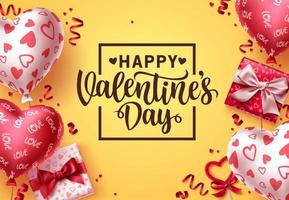 Valentijnsdag vector achtergrond. happy Valentijnsdag begroetingstekst met kleurrijke ballon hart patronen, geschenken en confetti elementen op gele achtergrond. vectorillustratie.