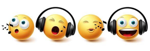 emoji muziek emoji vector set. emoticon met koptelefoon zingen en luisteren icoon collectie geïsoleerd op een witte achtergrond voor grafische ontwerpelementen. vector illustratie