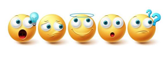 emoji-vectorset. emojis gele emoticon blij, verdrietig, engel en denken gezicht collectie geïsoleerd op een witte achtergrond voor grafische ontwerpelementen. vector illustratie