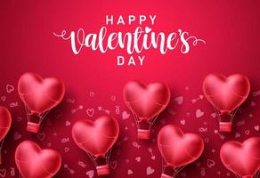gelukkige Valentijnsdag hart ballonnen vector achtergrondontwerp. Valentijnsdag begroetingstekst met vliegende hart luchtballon elementen in rode patroon achtergrond. vectorillustratie.