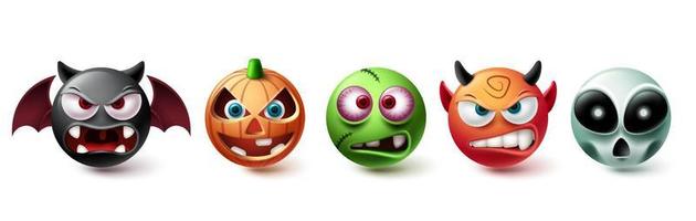 emoji halloween vector set. emojis halloween karakter grafische elementen in griezelig, horror en enge karakter collectie geïsoleerd op een witte achtergrond. vector illustratie