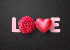 hou van vector conceptontwerp. hou van 3D-tekst met dahlia of roze bloem en hartelementen voor Valentijnsdag en huwelijksfeest op zwarte patroonachtergrond. vector illustratie