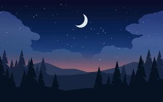 mooie rustige nacht in bergbos met maan en sterren vector