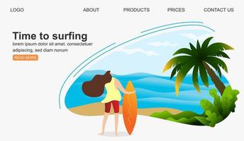 surfend meisje op een strand. palm, zand, oceaan op de achtergrond. banner, site, poster template.vector afbeelding vector