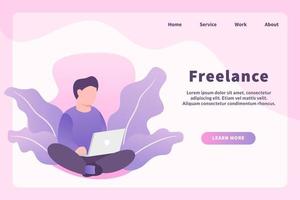 freelance met freelancer concept met man met gekruiste benen gebruik laptop voor websitesjabloon of landingshomepage vector