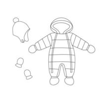 winter baby overall, wanten en muts. line art sneeuwpak met capuchon. vector