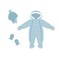 winterblauwe baby overall, wanten en muts. sneeuwpak in platte stijl met capuchon. vector