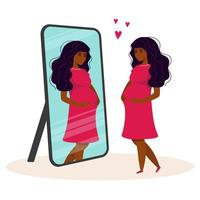 schoonheid zwangere vrouw Afrikaanse vrouw staat en kijkt in de spiegel. vectorillustratie. gezonde levensstijl. zwanger meisje. vector