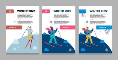 wintersport skiën poster set. berglandschap. skiër in beweging wintertijd. moderne sportsjabloonpagina. actieve levensstijl uitnodiging concept. platte vector cartoon afbeelding