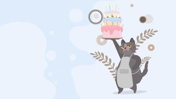 grappige kat houdt een feestelijke cupcake. snoepjes met room, muffin, feestelijk dessert, zoetwaren. goed voor gelukkige verjaardagskaarten. vector vlakke stijl.