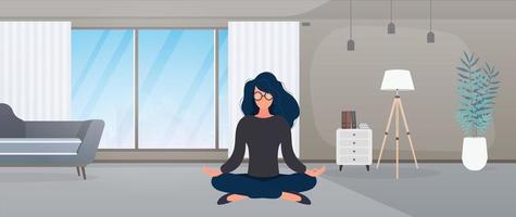 het meisje mediteert in de kamer. meisje doet yoga. vectorillustratie. vector