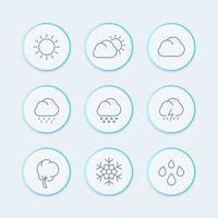 weerlijnpictogrammen, weersvoorspellingselementen, zonnig, bewolkt weer, regen, sneeuwvlok, hagel, sneeuw ronde pictogrammen, weersymbolen, vector