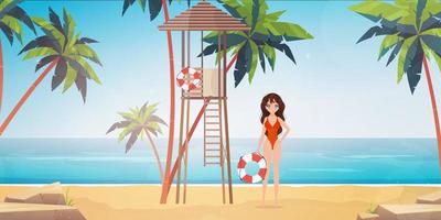 strand badmeester vrouw op het strand met palmbomen. meisje in een rood zwempak met uitzicht op de oceaan. cartoon-stijl. vectorillustratie. vector
