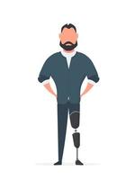 gehandicapte man met een beenprothese. prothese, gehandicapte. cartoon platte vectorillustratie vector