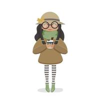 een schattig meisje met een hoed en een bril houdt een kopje met een warme drank vast. geschikt voor het ontwerpen van ansichtkaarten en boeken. geïsoleerd. vectorillustratie. vector