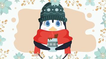 een kleine schattige pinguïn in een wintermuts en een sjaal houdt een warme drank in zijn handen. gebreide muts, rode sjaal, warm, winterdrank, koffie of latte. vector. klaar ansichtkaart vector