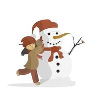 het meisje maakt een sneeuwpop. sneeuwpop, meisje in warme winterkleren. geïsoleerd. tekenfilm, vectorillustratie. vector